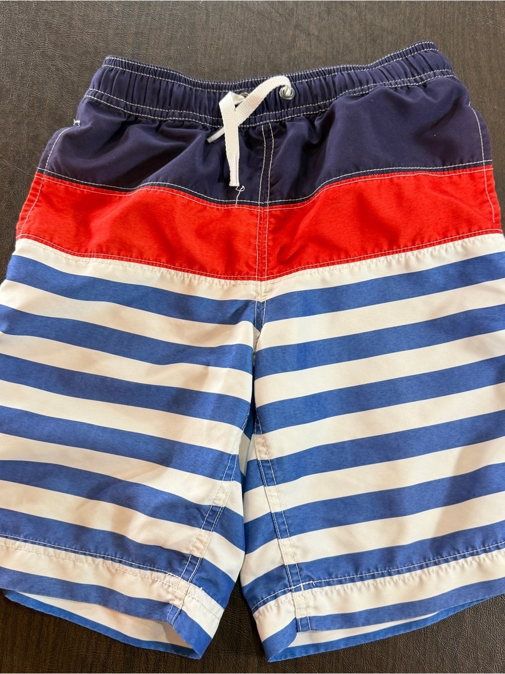 Boys' Navy, Red & White Striped Swim Shorts